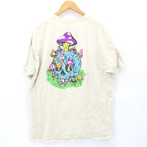 Fresh Vibes Shirt Mens Beige Short Sleeve Mushrooms Skull Graphic Logo Cotton XL - Picture 1 of 9